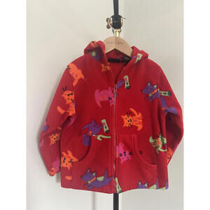 Vintage 90s/Y2K Sonoma Red Fleece Zip Hoodie | Dog & Cat All-Over Print | Size 5